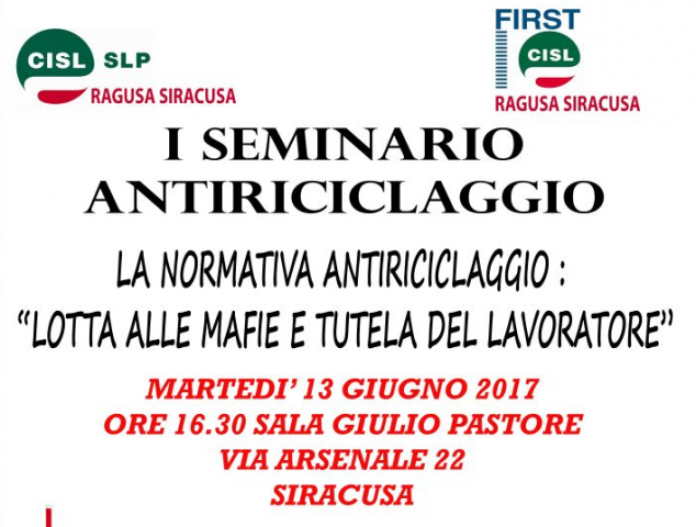 Siracusa, alla Cisl primo seminario sulla normativa antiriciclaggio
