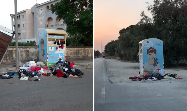 Siracusa, lo spettacolo indecoroso dei contenitori stracolmi degli indumenti usati alla Pizzuta