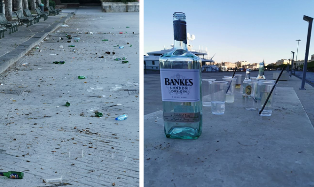 Siracusa, scempio alla Marina: bottiglie di vetro e bicchieri di plastica abbandonati sull'asfalto